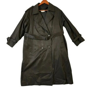 John Weitz Long Belted Trench Coat Women's Size 14P Black Cotton With Button